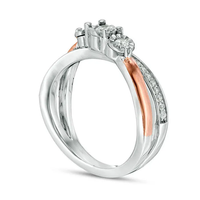 033 CT TW Natural Diamond Three Stone Crossover Engagement Ring in Sterling Silver and Solid 10K Rose Gold Goldia Rings