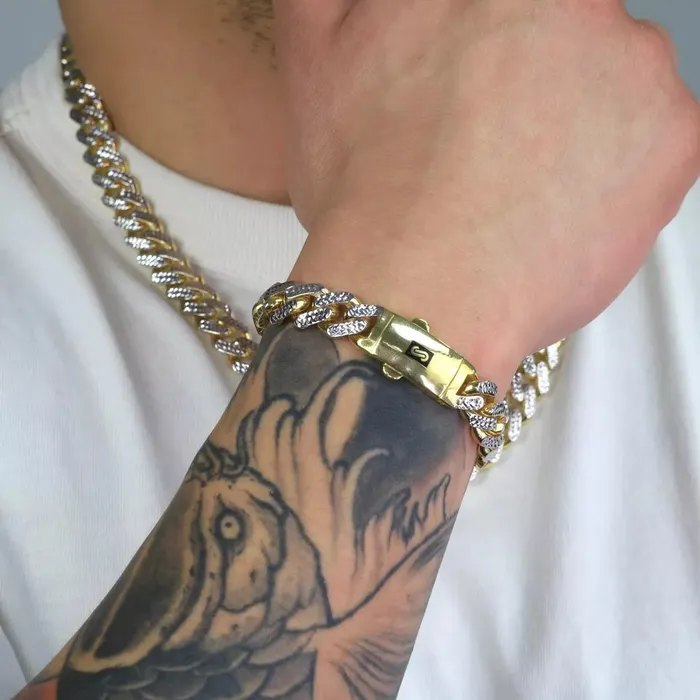 10K Yellow Gold Miami Cuban 15mm Monaco Diamond Cut Pave Chain Bracelet 8 9 Goldiacom Bracelets
