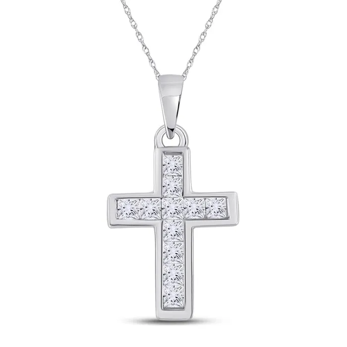 14k White Gold Princess Diamond Cross Pendant 14 Cttw gndatlanta Necklaces