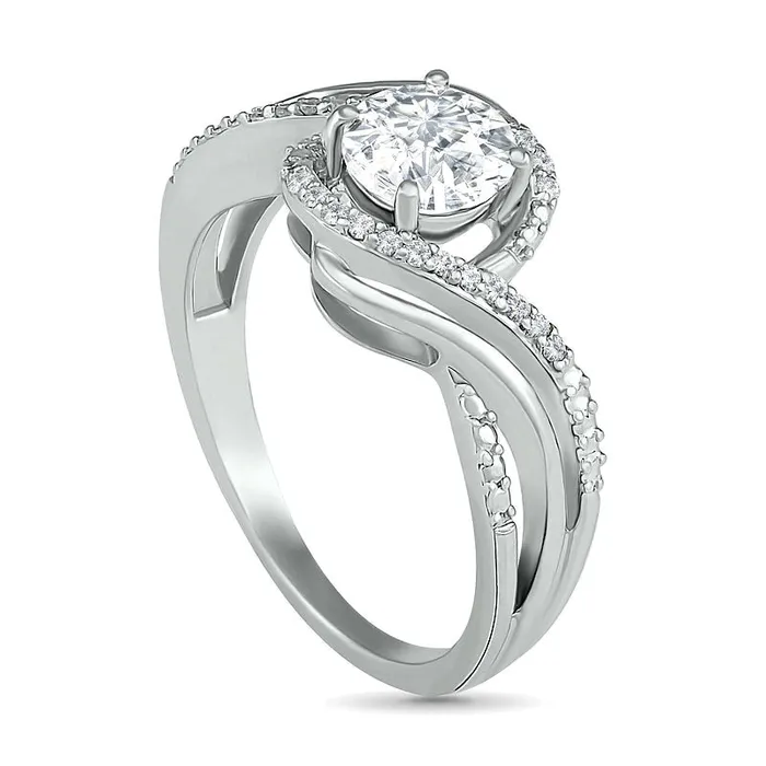 60mm White LabCreated Sapphire and 007 CT TW Diamond Beaded Triple Row Bypass Twist Shank Ring in Sterling Silver Goldia Rings