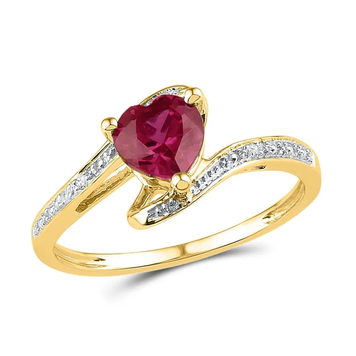 gndatlanta Rings 10k Yellow Gold Heart Created Ruby Solitaire Diamond Bypass Ring 1 Cttw