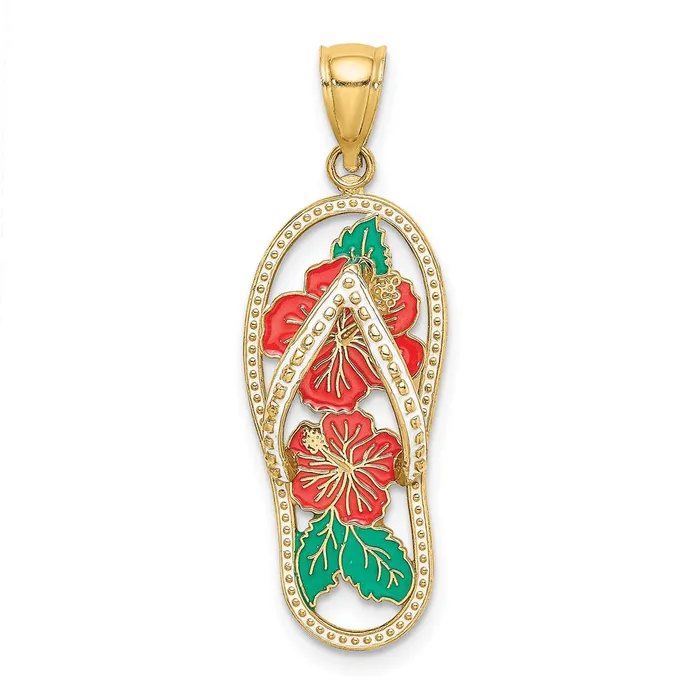 Goldia Charm Necklaces 14k Yellow Gold Enamel Red Hibiscus Flower FlipFlop Charm
