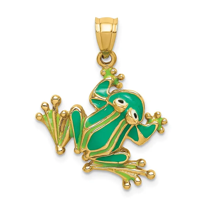Goldia Charm Necklaces 14k Yellow Gold Green Enameled 2D Frog Charm
