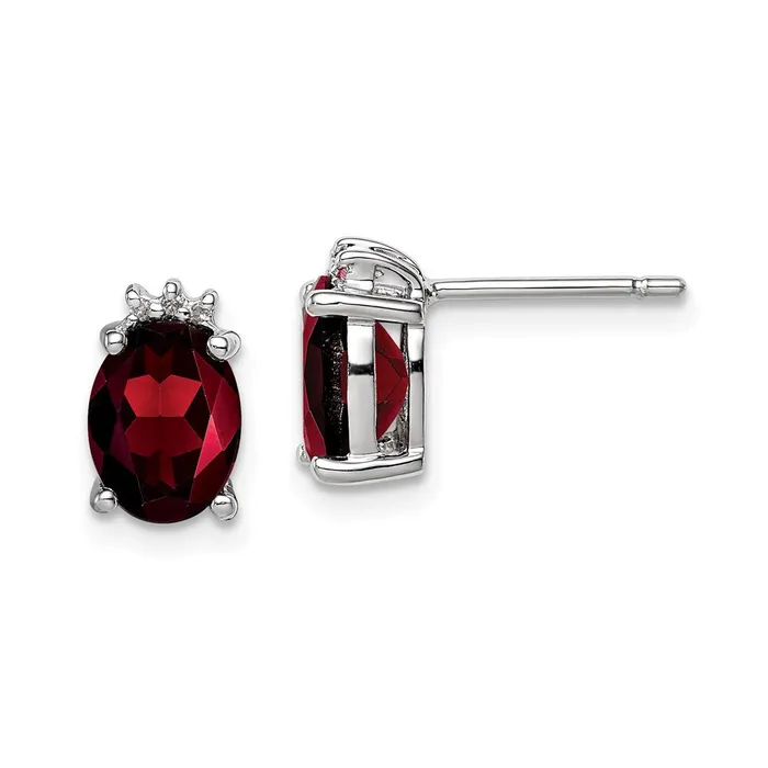 Goldia Earrings Sterling Silver Rhodium Plated Oval Garnet and Diamond Post Earrings
