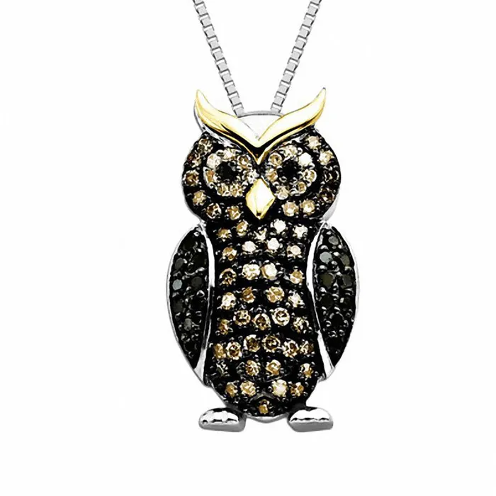 Goldia Necklaces 033 CT TW MultiColor Natural Diamond Owl Pendant in Sterling Silver and 14K Gold