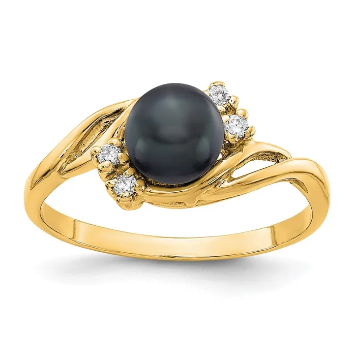 Goldia Rings 14k Yellow Gold Gold 6mm Black FW Cultured Pearl AA Diamond ring