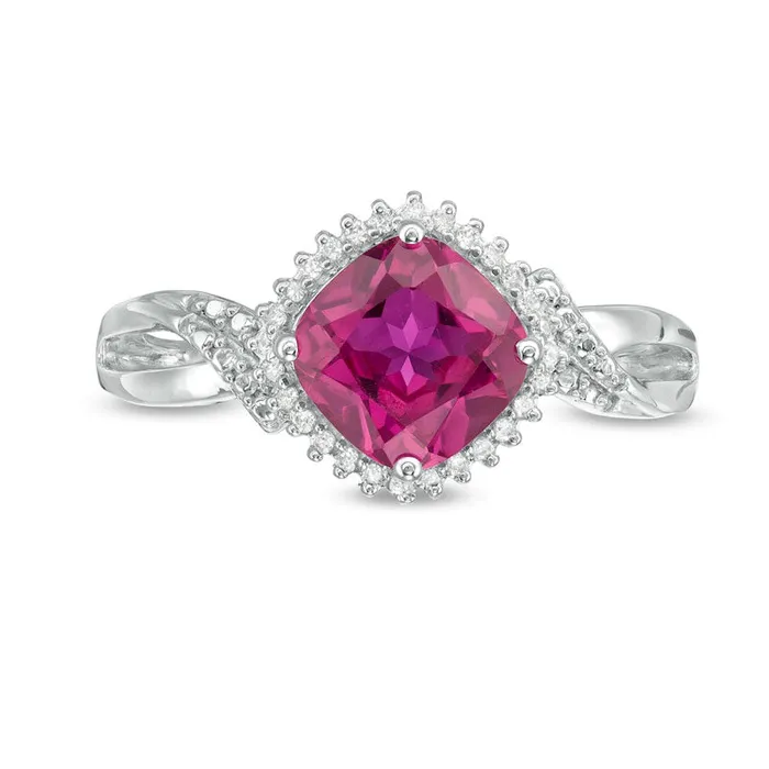 Goldia Tilted 70mm CushionCut LabCreated Ruby and 007 CT TW Diamond Frame Bypass Ring in Sterling Silver Rings