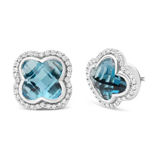 Original 18K White Gold 38 Cttw Diamond and 11x11mm CloverCut London Blue Topaz Gemstone Halo Clover Stud Earrings GH Color SI1SI2 Clarity JMS always Earrings Original 18K White Gold 38 Cttw Diamond and 11x11mm CloverCut London Blue Topaz Gemstone Halo Clover Stud Earrings GH Color SI1SI2 Clarity JMS always Earrings