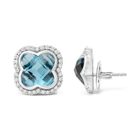 Original 18K White Gold 38 Cttw Diamond and 11x11mm CloverCut London Blue Topaz Gemstone Halo Clover Stud Earrings GH Color SI1SI2 Clarity JMS always Earrings Original 18K White Gold 38 Cttw Diamond and 11x11mm CloverCut London Blue Topaz Gemstone Halo Clover Stud Earrings GH Color SI1SI2 Clarity JMS always Earrings