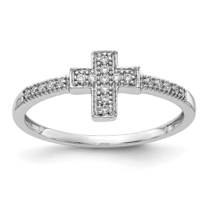 Rings 14k White Gold Polished Real Diamond Cross Ring Goldia