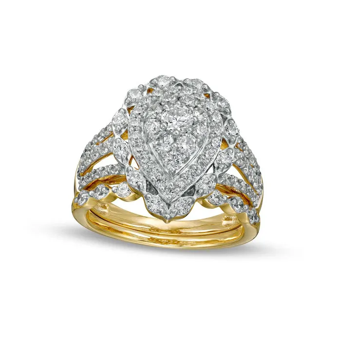 Rings Goldia 163 CT TW Composite PearShaped Natural Diamond Double Frame Scallop Edge Bridal Engagement Ring Set in Solid 10K Yellow Gold