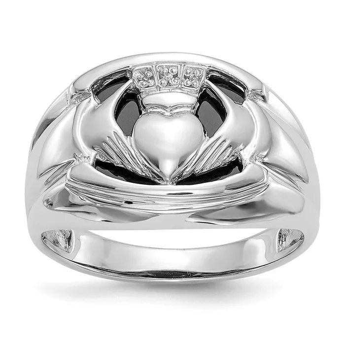 Rings Goldiacom 14k White Gold AA Real Diamond and Onyx Mens Claddagh Ring