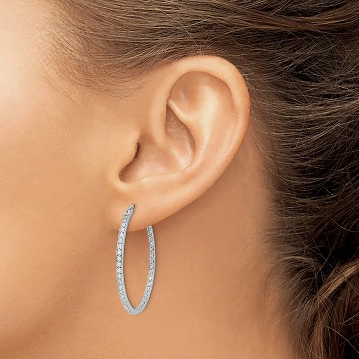 Solid 14k White Gold Simulated CZ InOut Hoop Earrings Goldia Earrings