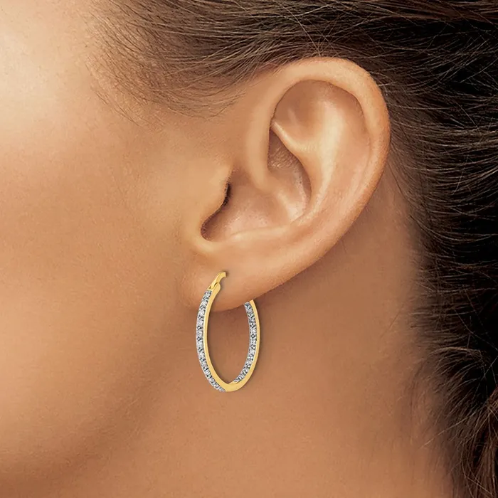 Solid 14k Yellow Gold Simulated CZ InOut Hoop Earrings Goldia Earrings