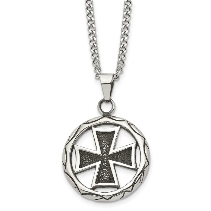 Chisel Stainless Steel Antiqued and Polished Cross in Circle Pendant on a 22 inch Curb Chain Necklace TreasureFineJewelers Necklaces Chisel Stainless Steel Antiqued and Polished Cross in Circle Pendant on a 22 inch Curb Chain Necklace TreasureFineJewelers Necklaces