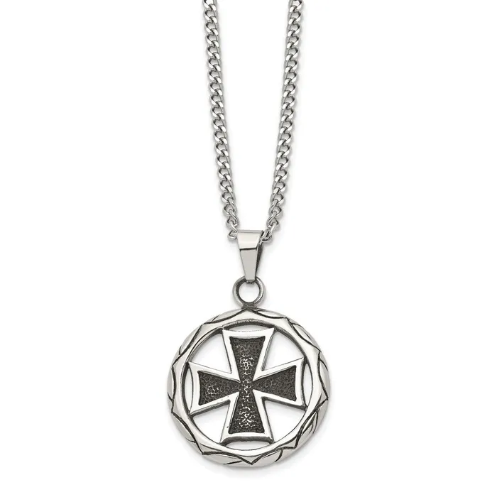Chisel Stainless Steel Antiqued and Polished Cross in Circle Pendant on a 22 inch Curb Chain Necklace TreasureFineJewelers Necklaces
