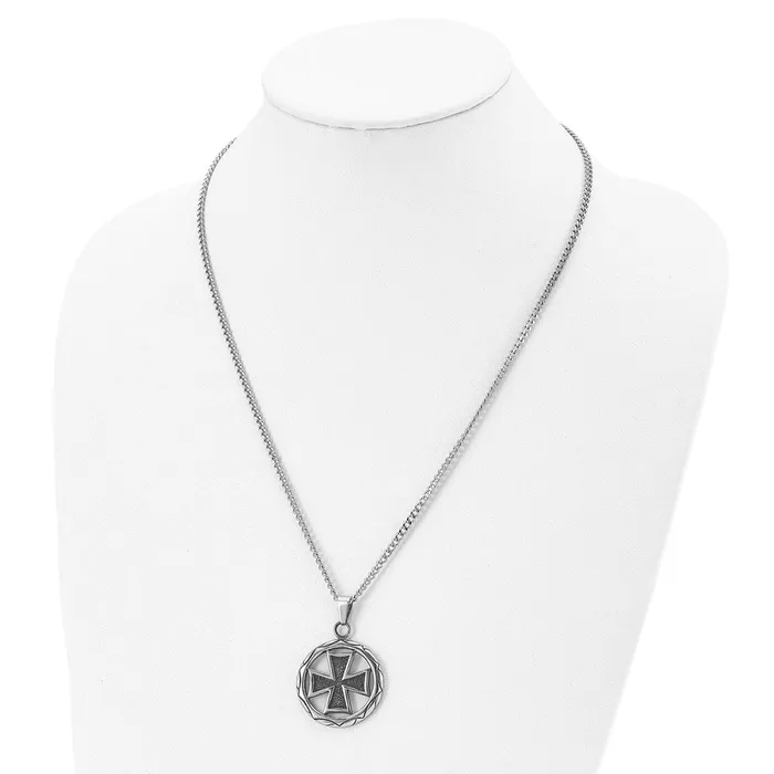 Chisel Stainless Steel Antiqued and Polished Cross in Circle Pendant on a 22 inch Curb Chain Necklace TreasureFineJewelers Necklaces