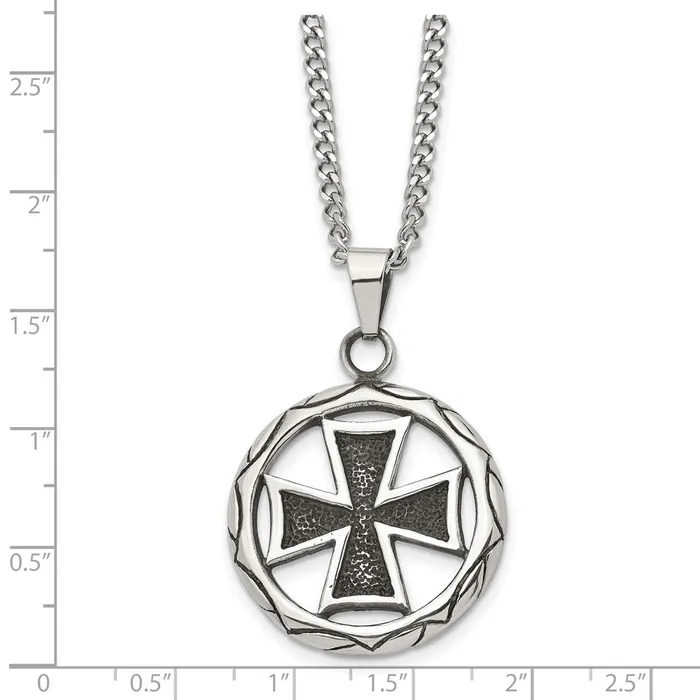 Chisel Stainless Steel Antiqued and Polished Cross in Circle Pendant on a 22 inch Curb Chain Necklace TreasureFineJewelers Necklaces