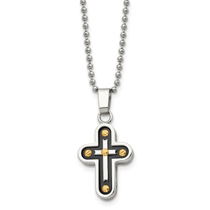 Chisel Stainless Steel Polished Black and Yellow IPplated Cross Pendant on a 22 inch Ball Chain Necklace TreasureFineJewelers Necklaces Chisel Stainless Steel Polished Black and Yellow IPplated Cross Pendant on a 22 inch Ball Chain Necklace TreasureFineJewelers Necklaces