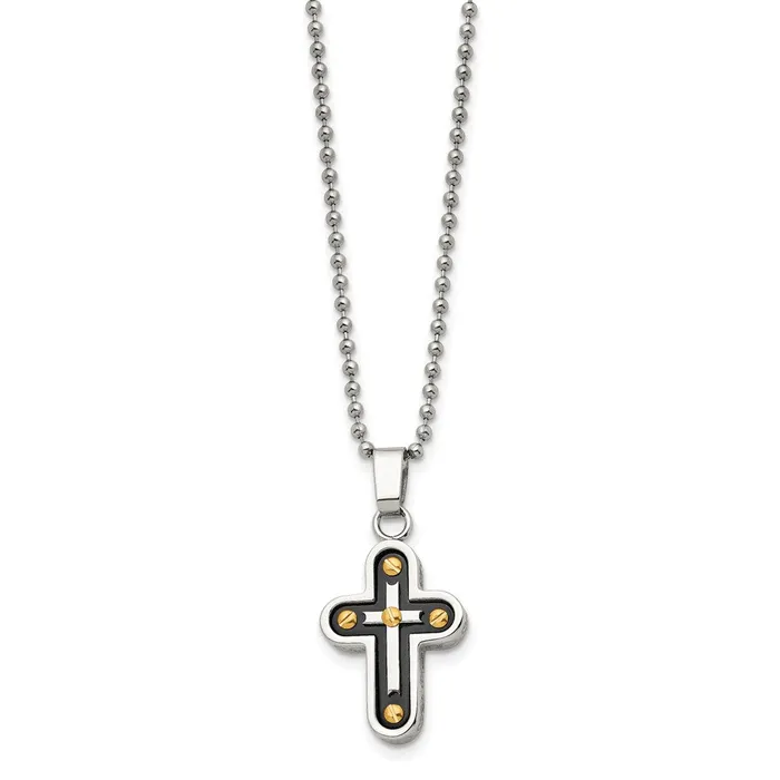 Chisel Stainless Steel Polished Black and Yellow IPplated Cross Pendant on a 22 inch Ball Chain Necklace TreasureFineJewelers Necklaces