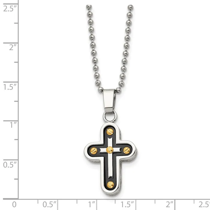 Chisel Stainless Steel Polished Black and Yellow IPplated Cross Pendant on a 22 inch Ball Chain Necklace TreasureFineJewelers Necklaces