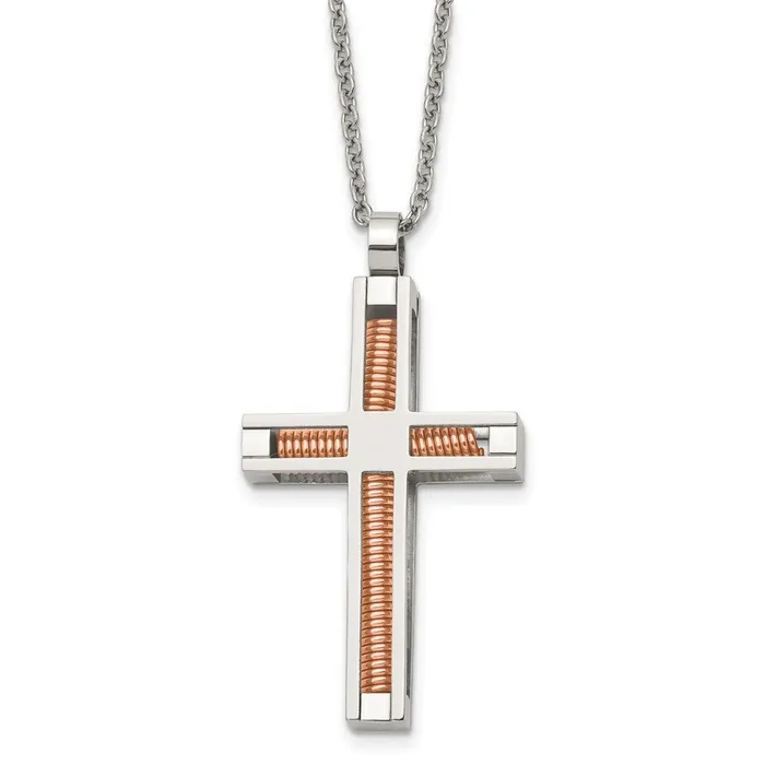 Chisel Stainless Steel Polished Rose IPplated Cross Pendant on a 22 inch Cable Chain Necklace TreasureFineJewelers Necklaces Chisel Stainless Steel Polished Rose IPplated Cross Pendant on a 22 inch Cable Chain Necklace TreasureFineJewelers Necklaces