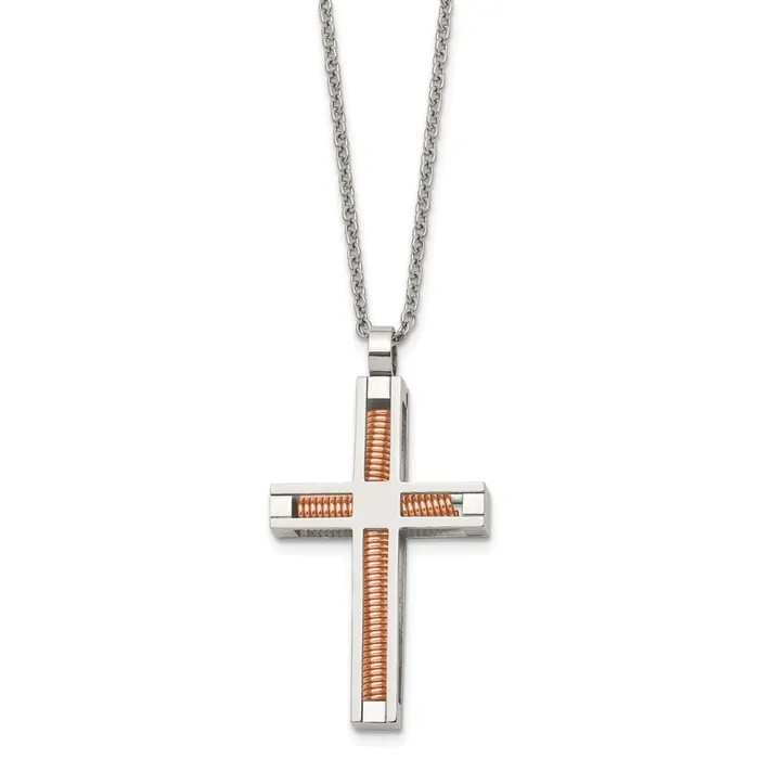 Chisel Stainless Steel Polished Rose IPplated Cross Pendant on a 22 inch Cable Chain Necklace TreasureFineJewelers Necklaces
