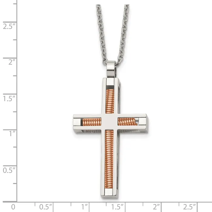 Chisel Stainless Steel Polished Rose IPplated Cross Pendant on a 22 inch Cable Chain Necklace TreasureFineJewelers Necklaces