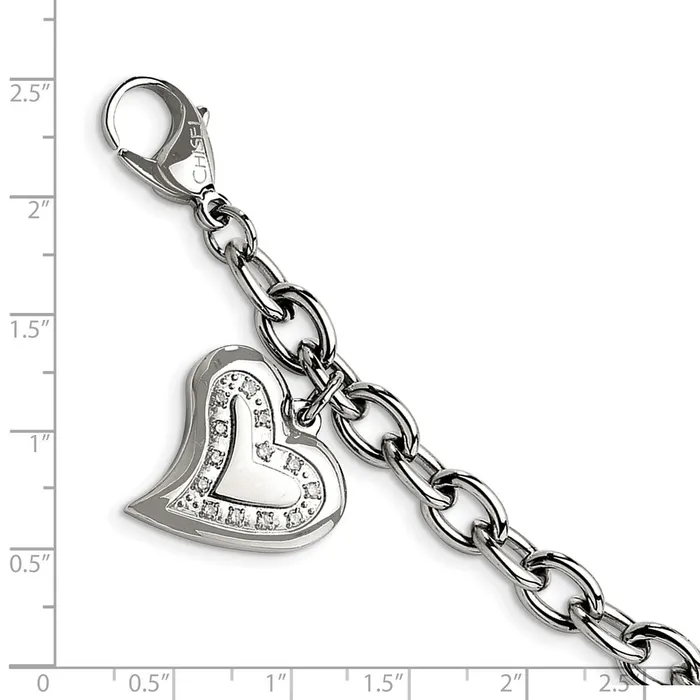 Chisel Stainless Steel Polished with CZ Heart Charm 75 inch Bracelet TreasureFineJewelers Bracelets