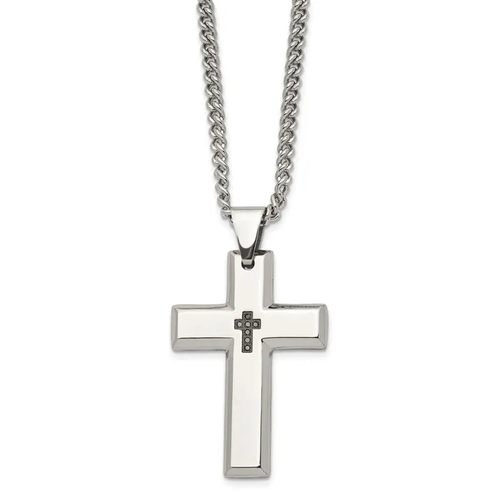 Necklaces TreasureFineJewelers Chisel Stainless Steel Polished 110 carat Black Diamond Cross Pendant on a 22 inch Curb Chain Necklace