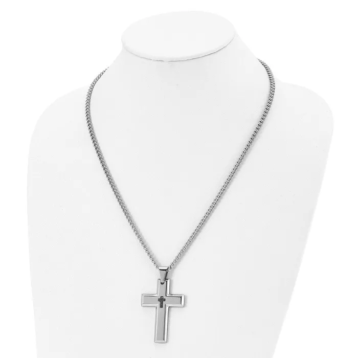 Necklaces TreasureFineJewelers Chisel Stainless Steel Polished 110 carat Black Diamond Cross Pendant on a 22 inch Curb Chain Necklace