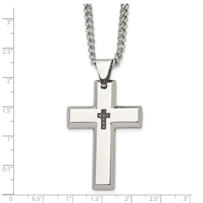 Necklaces TreasureFineJewelers Chisel Stainless Steel Polished 110 carat Black Diamond Cross Pendant on a 22 inch Curb Chain Necklace