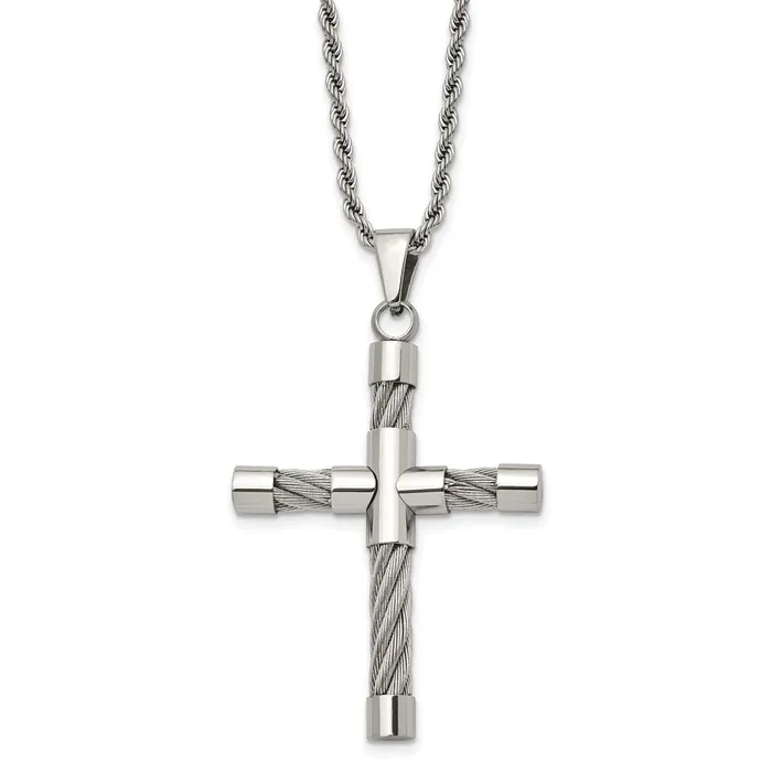 Necklaces TreasureFineJewelers Chisel Stainless Steel Polished and Textured with Cable Cross Pendant on a 22 inch Rope Chain Necklace Necklaces TreasureFineJewelers Chisel Stainless Steel Polished and Textured with Cable Cross Pendant on a 22 inch Rope Chain Necklace