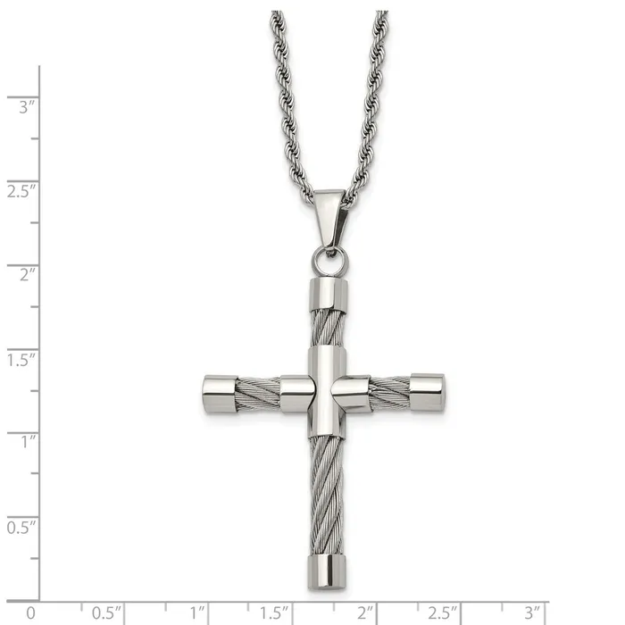 Necklaces TreasureFineJewelers Chisel Stainless Steel Polished and Textured with Cable Cross Pendant on a 22 inch Rope Chain Necklace