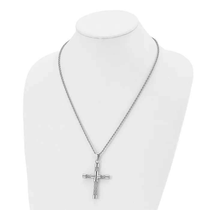 Necklaces TreasureFineJewelers Chisel Stainless Steel Polished and Textured with Cable Cross Pendant on a 22 inch Rope Chain Necklace