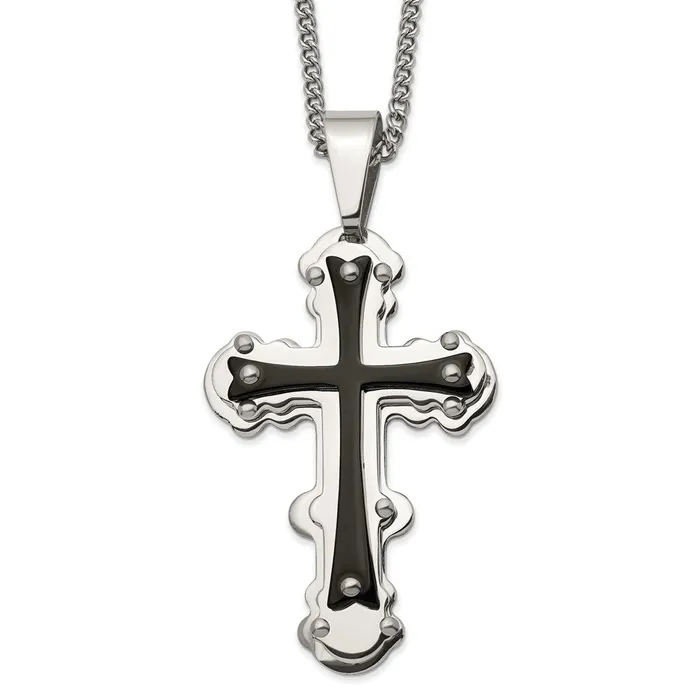 Necklaces TreasureFineJewelers Chisel Stainless Steel Polished Black IPplated Cross Pendant on a 24 inch Curb Chain Necklace Necklaces TreasureFineJewelers Chisel Stainless Steel Polished Black IPplated Cross Pendant on a 24 inch Curb Chain Necklace