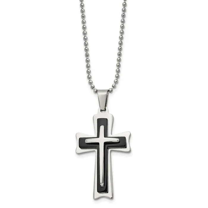Necklaces TreasureFineJewelers Chisel Stainless Steel Polished with Black Acrylic Cross Pendant on a 24 inch Ball Chain Necklace Necklaces TreasureFineJewelers Chisel Stainless Steel Polished with Black Acrylic Cross Pendant on a 24 inch Ball Chain Necklace