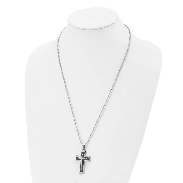 Necklaces TreasureFineJewelers Chisel Stainless Steel Polished with Black Acrylic Cross Pendant on a 24 inch Ball Chain Necklace