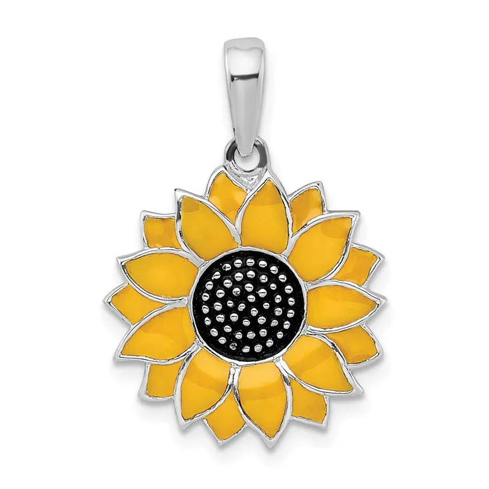 Necklaces TreasureFineJewelers Sterling Silver Polished Enameled Sunflower Pendant Necklaces TreasureFineJewelers Sterling Silver Polished Enameled Sunflower Pendant