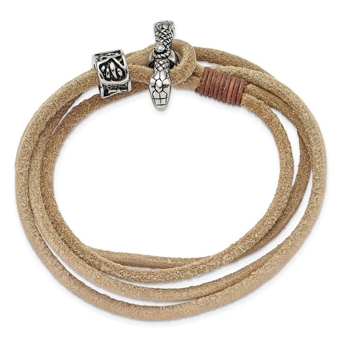 TreasureFineJewelers Bracelets Chisel Stainless Steel Antiqued and Polished Snake Heads Tan Leather 16 inch Wrap Bracelet