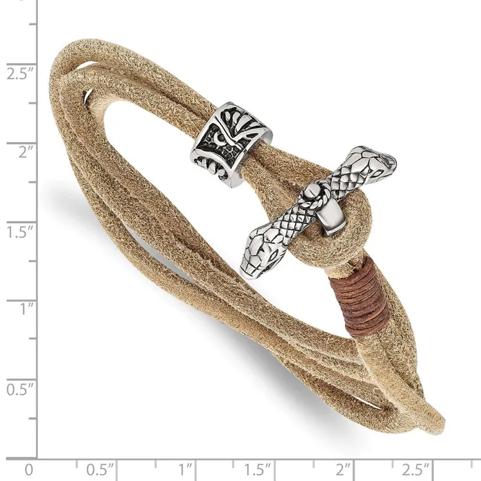 TreasureFineJewelers Bracelets Chisel Stainless Steel Antiqued and Polished Snake Heads Tan Leather 16 inch Wrap Bracelet