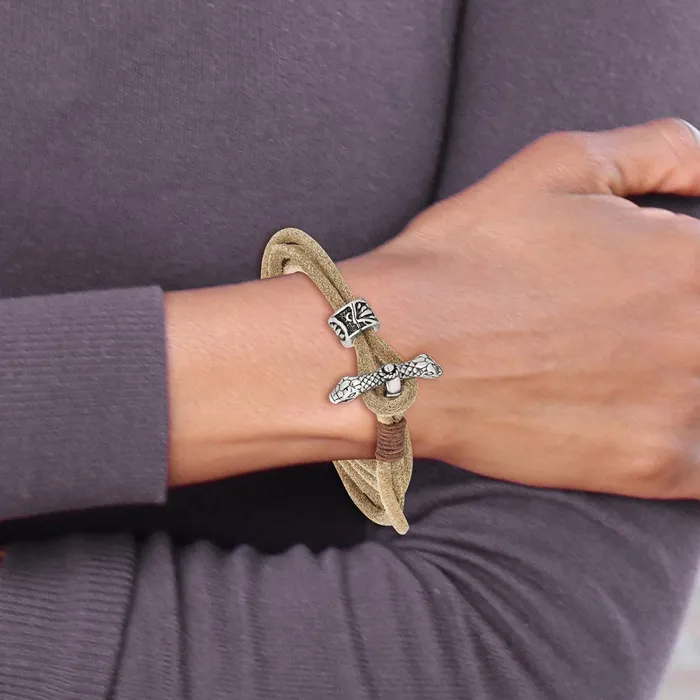 TreasureFineJewelers Bracelets Chisel Stainless Steel Antiqued and Polished Snake Heads Tan Leather 16 inch Wrap Bracelet