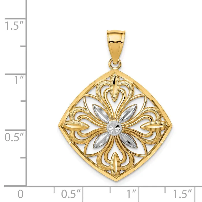 TreasureFineJewelers Charm Necklaces 14k wRhodium Diamondcut Polished Fancy Square Charm