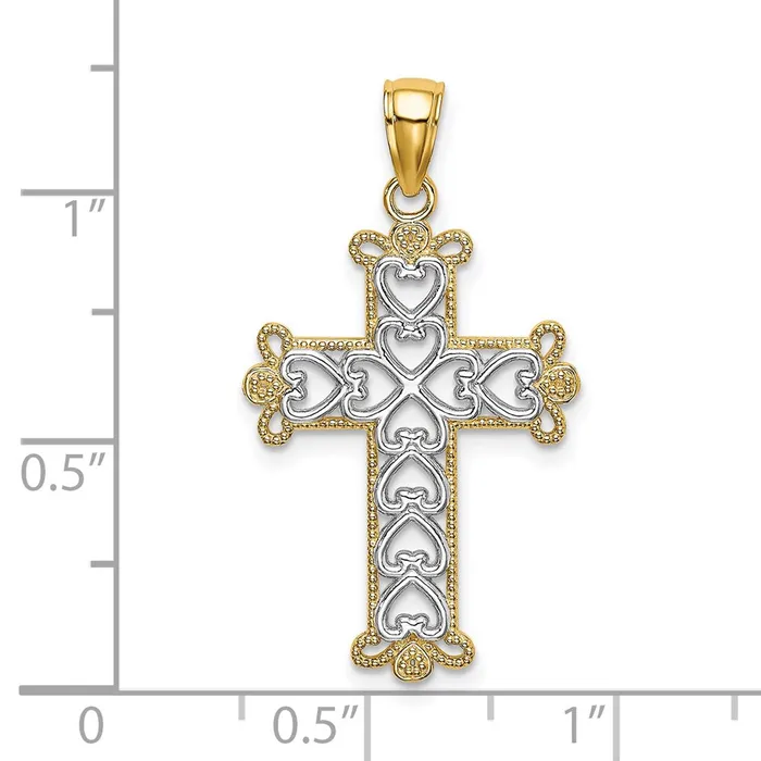 TreasureFineJewelers Charm Necklaces 14K wRhodium Polished and Textured Beaded Cross Charm