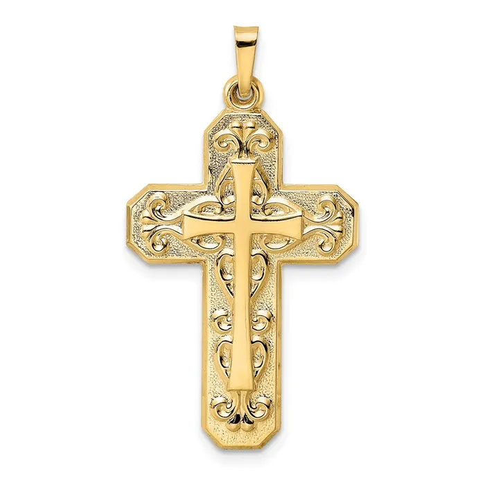 TreasureFineJewelers Necklaces 14k Yellow Gold Polished and Textured Hollow Scroll Design Double Cross Pendant