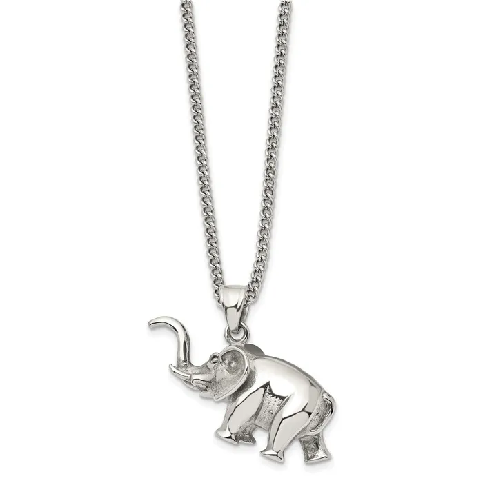 TreasureFineJewelers Necklaces Chisel Stainless Steel Polished 3D Elephant Pendant on a 24 inch Curb Chain Necklace