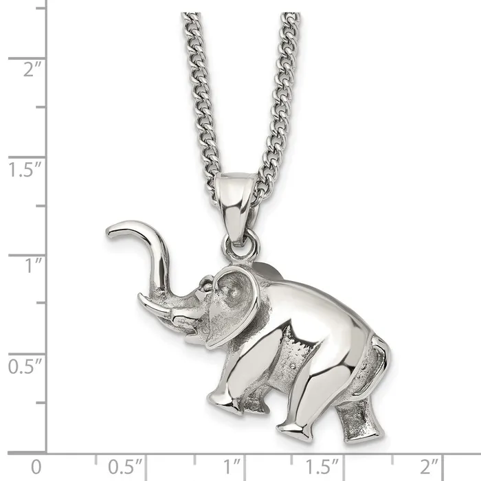 TreasureFineJewelers Necklaces Chisel Stainless Steel Polished 3D Elephant Pendant on a 24 inch Curb Chain Necklace