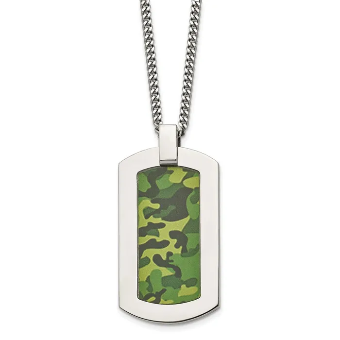 TreasureFineJewelers Necklaces Chisel Stainless Steel Polished Printed Green Camo Under Rubber Dog Tag on a 22 inch Cable Chain Necklace TreasureFineJewelers Necklaces Chisel Stainless Steel Polished Printed Green Camo Under Rubber Dog Tag on a 22 inch Cable Chain Necklace