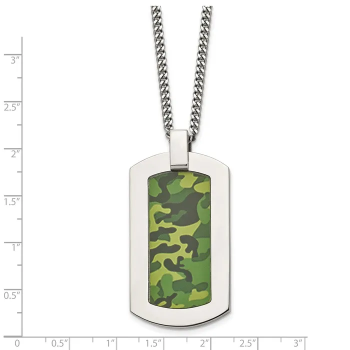 TreasureFineJewelers Necklaces Chisel Stainless Steel Polished Printed Green Camo Under Rubber Dog Tag on a 22 inch Cable Chain Necklace