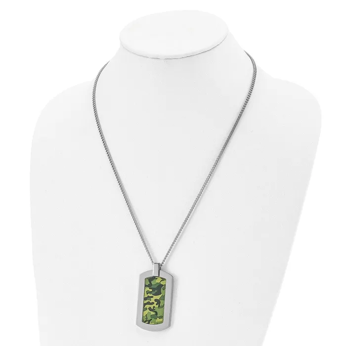TreasureFineJewelers Necklaces Chisel Stainless Steel Polished Printed Green Camo Under Rubber Dog Tag on a 22 inch Cable Chain Necklace